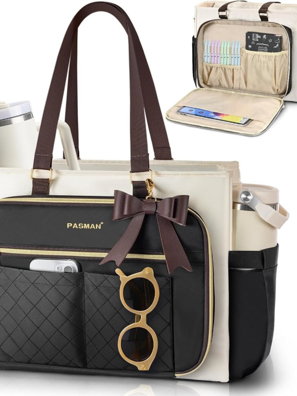 Teacher Tote Bag for Women - Structured Laptop Bag, Cup Holder | Multi-pocket de